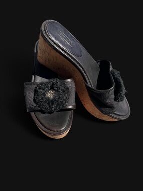 Coach Black Floral-Trim Cork Wedge Slide Sandals